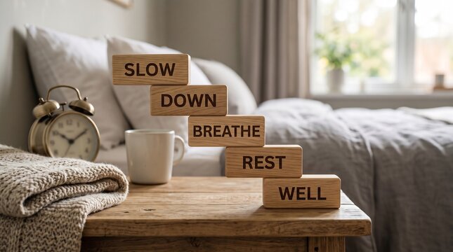 Wooden blocks with wellness messages stacked on a bedside table in a cozy bedroom with well stacked stairs wooden nightstand next vintage alarm clock