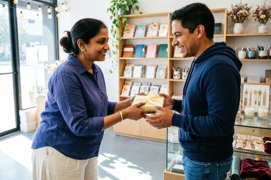 Una propietaria de tienda de origen surasi&aacute;tico entrega un regalo envuelto a un cliente latino encantado, en el mostrador de una tienda de regalos y papeler&iacute;a luminosa