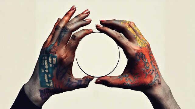 Artistic image of two hands painted with colorful patterns, holding transparent circular glass lens, symbolizing creativity, diversity, new perspectives. Ideal for design, innovation, vision concept