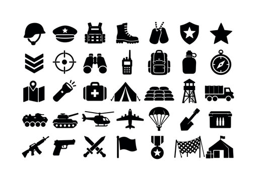Army and Military Series. Solid glyph icon set of military emblems equipment and field symbols: military helmet, army cap, tactical vest, combat boot, dog tags, shield emblem, star emblem, rank