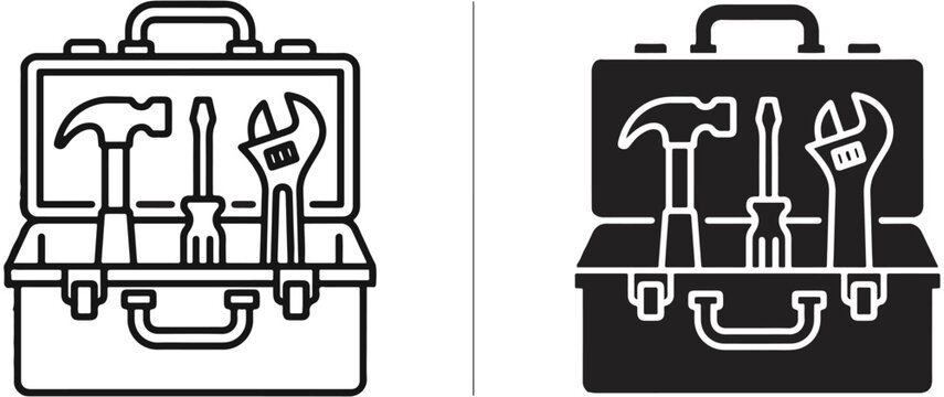 Open toolbox filled with repair tools icon collection construction tools mechanic tools hand tools tool kit hardware tools work tools maintenance gear diy tools