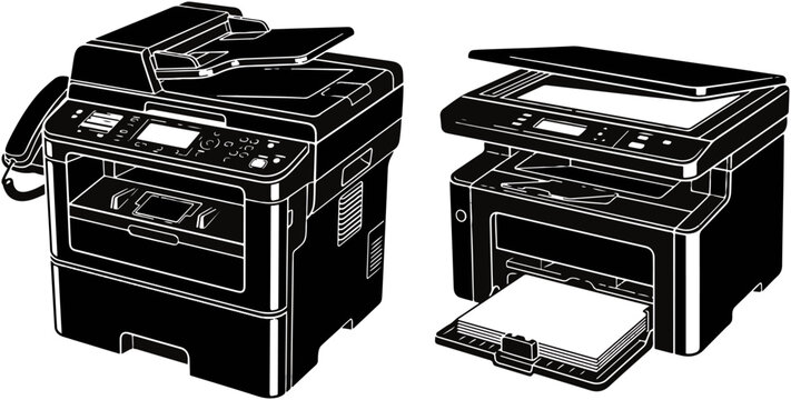 Office multifunctional printers and scanners set of vector icons with multifunctional printer office equipment copier machine document scanner printing device