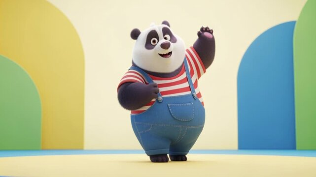 Panda Character in Striped Shirt Jumping in Bright Colorful Studio