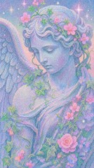 Fototapeta premium Pastel angel with flowers, serene mobile wallpaper in dreamy style.
