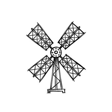 Rustic metal windmill drawing in vintage sketch style for farm and renewable energy concepts.