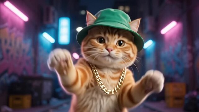 Cute animal ginger cat performing a hip-hop dance in a green hat on screen