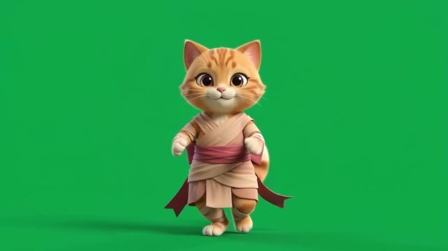 Cute ginger cat dance performance isolated on a vibrant green screen background