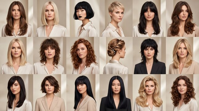 beauty editorial grid featuring 18 sophisticated women's hairstyles and haircuts, including long layers, blunt bob, French bob, pixie cut, curtain bangs, butterfly cut, sleek lob, shag haircut
