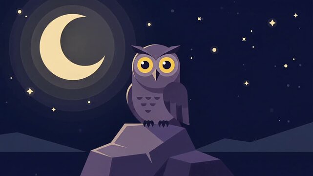 wide angle vector illustration owl sitting on rock under crescent moon at night