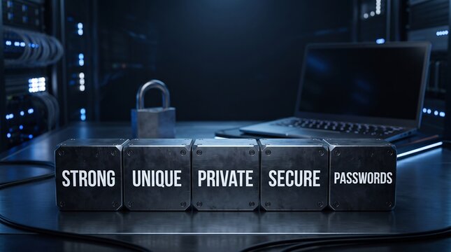 Metal blocks with the text strong unique private secure passwords displayed on a server room desk