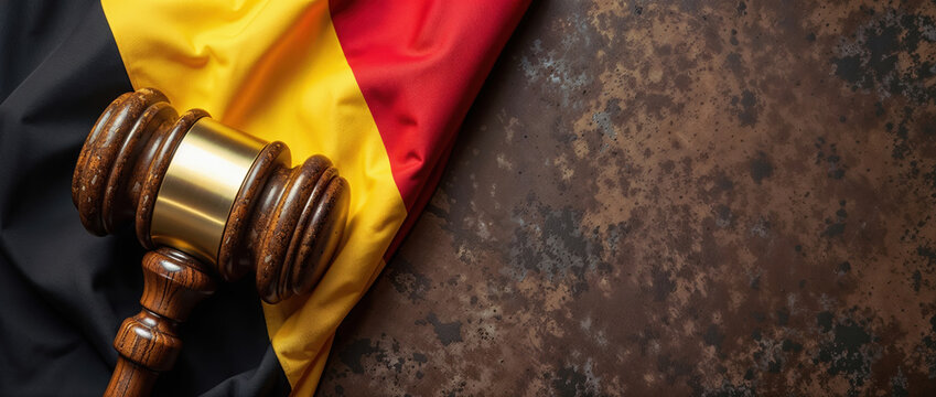 Wooden judge gavel on Belgian flag with rustic copy space
