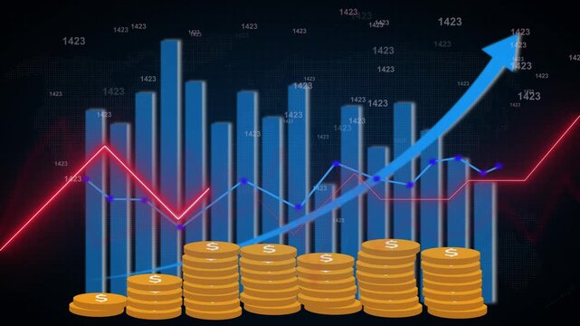 Financial chart animation displays bar graph columns and trend lines. Investment revenue growth data updates on chart. Analytics consoles use active financial chart.