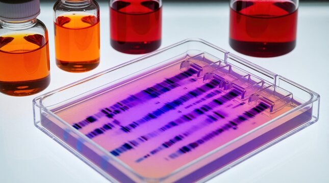 Close up of electrophoresis gel tray with DNA bands under ultraviolet light. Scientist performs genetic analysis in lab. Colorful chemical solutions in glass bottles surround science equipment.