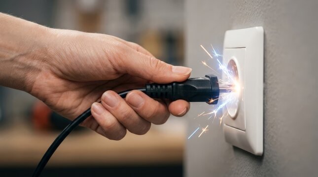 A close up view of a hand plugging a black power cord into a wall socket with visible electric burn sparks flying, illustrating household safety hazards, danger, and electrical malfunctions