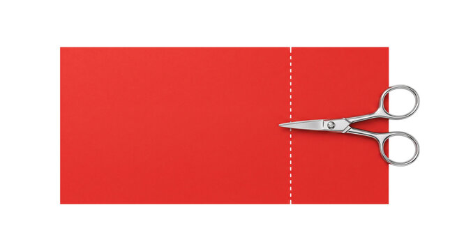 Scissors Cutting Red Paper Coupon Along Dotted Line PNG for Black Friday Discount