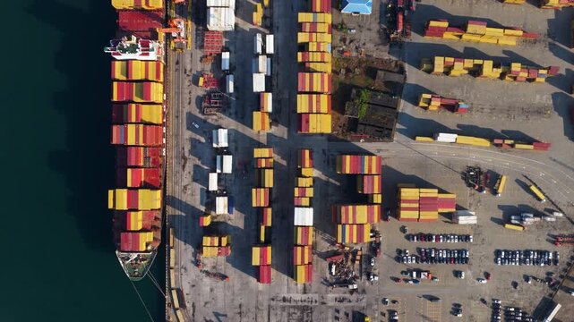 Aerial, Top-down View Of A Shipping Container Terminal At Batumi Port Terminal In Georgia.