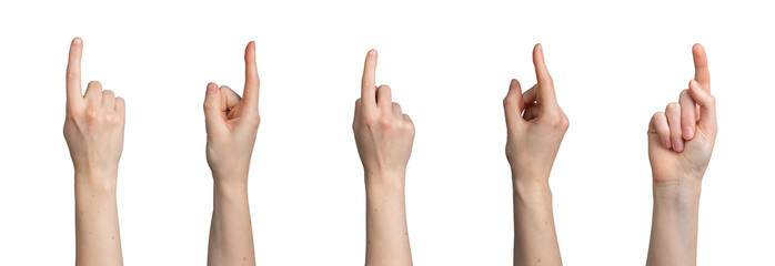 Obraz na płótnie Canvas Female hand gestures, palm pointing up, side, front, back. Woman s fingers holding, touching,