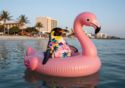 Penguin wearing Hawaiian shirt floating on inflatable pink flamingo in ocean sea, funny summer beach vacation resort concept image.