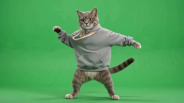 Cute cat breakdancing on a green screen background, dancing cat