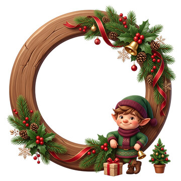 Festive round wooden Christmas frame mockup with a cheerful 3D elf holding a bell, decorated with pine branches, red ribbons, golden bells, holly, and gift boxes on white