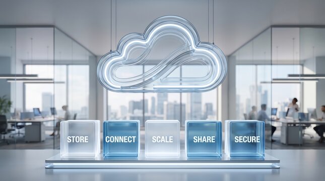 Glass cloud icon floating above five transparent cubes with business terminology in a modern office