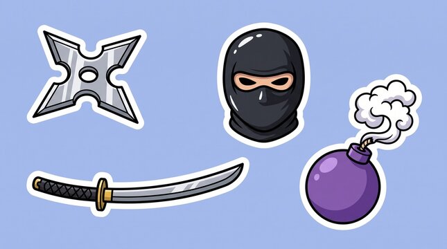 Cute Cartoon Ninja Stickers Set with Shuriken Sword Mask and Bomb