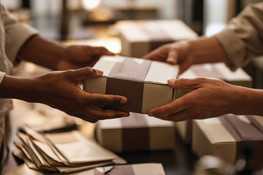 A dynamic image of two hands in the act of exchanging a package, symbolizing cooperation, trust, and the process of delivery in a service-oriented environment.