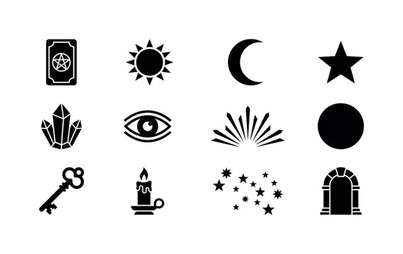 Tarot Occult Designs, solid glyph icon set featuring tarot card back, sun, crescent moon, star, crystal, eye symbol, celestial rays, sacred circle, key, ritual candle, constellation and magic arch,