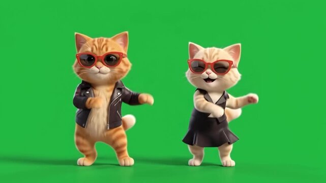 Two cute cats dancing happily together in front of a green screen background