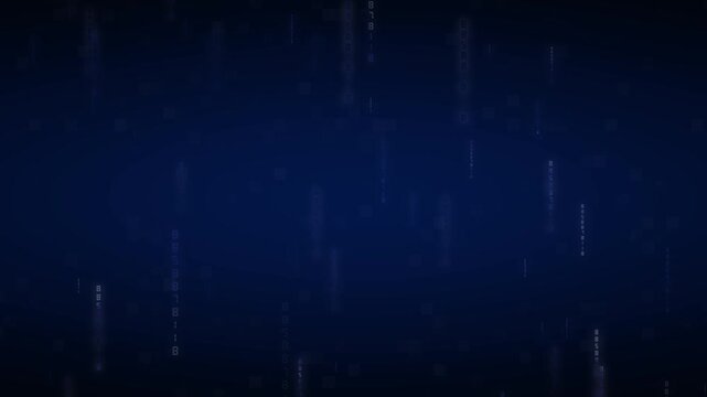 Data stream animation displays binary code elements across dark. Computational telecom data guides data stream. Server infrastructure consoles operate with stream.