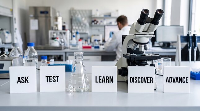 Scientific research process blocks with microscope and laboratory equipment on a white table in laboratory