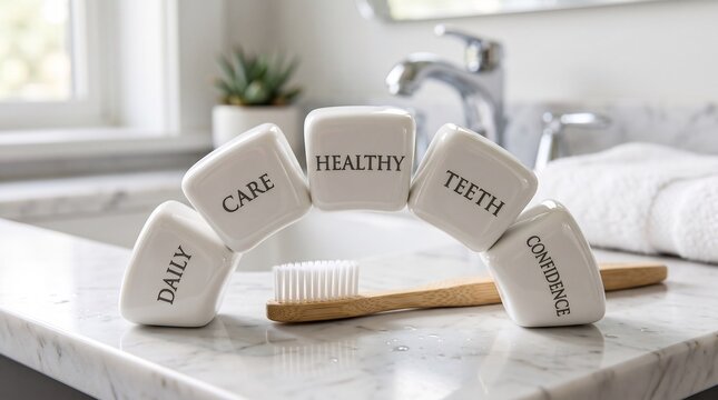 Bamboo toothbrush with ceramic blocks featuring dental health text on a marble bathroom counter