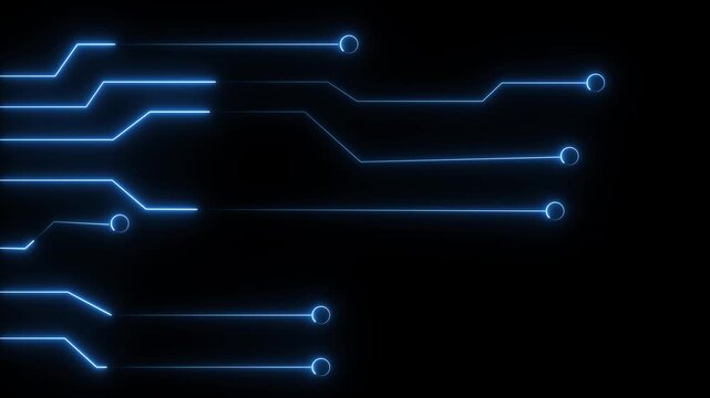 Circuit board lines animation displays technology pathways on dark. Motherboard processor hardware computing data routes on circuit board lines. Systems run lines.