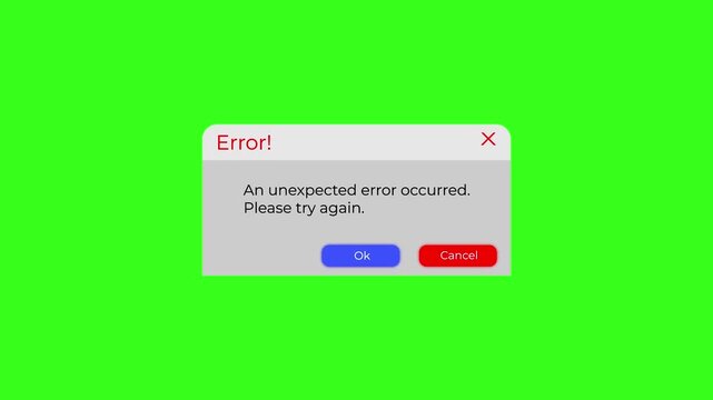 unexpected error notification popup with try again message and ok cancel buttons animation.