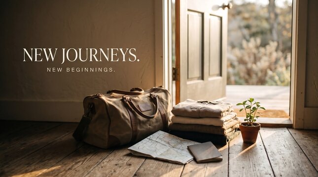 Travel duffel bag with folded clothing and a map on a wooden floor near an open doorway with potted plant front open door leading sunny outdoor area