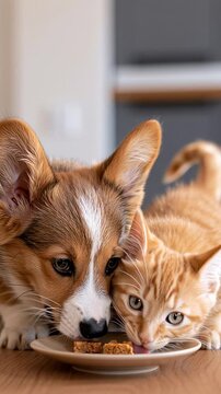 Corgi puppy and orange tabby kitten sitting side by side behind a snack dish in a kitchen