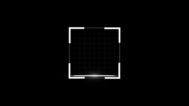 Square frame animation displays an illuminated coordinate grid on dark. Futuristic user dashboard telemetry coordinates guide square frame. Displays use active square frame.