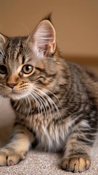 Brown tabby Maine Coon kitten reaching a fluffy paw toward the camera in a studio