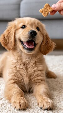 Fluffy Golden Retriever puppy with head tilted looking at a treat on a cream rug