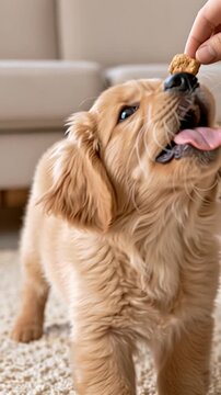 Fluffy Golden Retriever puppy with head tilted looking at a treat on a cream rug