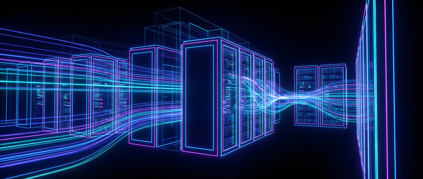 neon lines connecting server room data flow