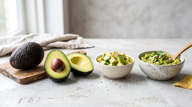 Fresh avocado variation with whole fruit and cut halves on wooden board beside small bowls containing diced avocado pieces and delicious homemade guacamole.