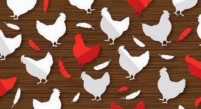 Seamless pattern with white and red chicken silhouettes and feathers