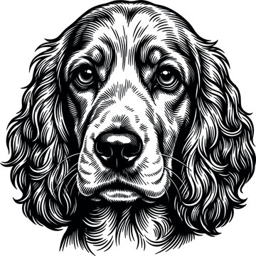 Vintage cocker spaniel head portrait vector illustration in detailed hand drawn engraving sketch style isolated on white background,