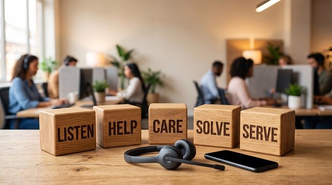 Wooden blocks with customer service values on a desk in a busy office environment with headset smartphone professional