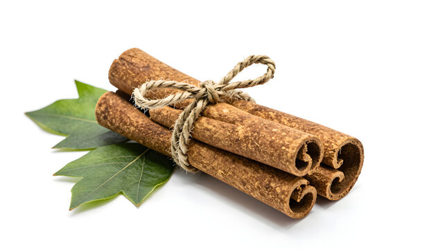 Cinnamon Sticks and Leaves: A bundle of aromatic cinnamon sticks tied with twine, accompanied by fresh green leaves, hinting at the warm and exotic flavors they bring to culinary creations.