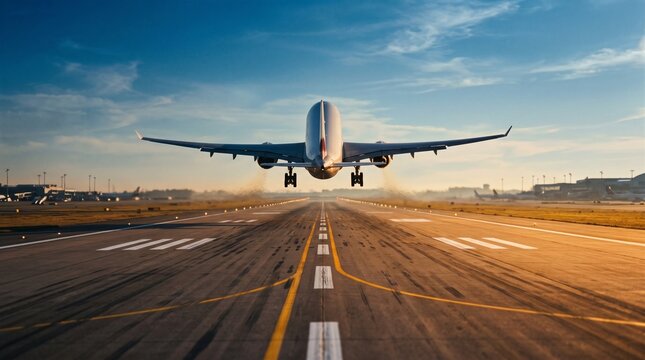 Commercial aircraft taking off from airport runway at sunset representing new year fresh start, strategic corporate growth, global business travel, future goals and market expansion.