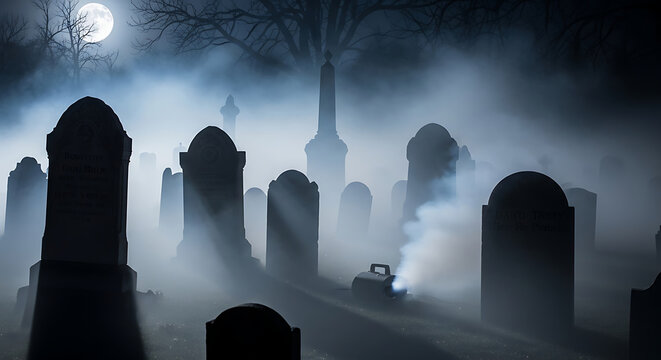 A fog machine creating thick smoke among old gravestones in a dark cemetery at night