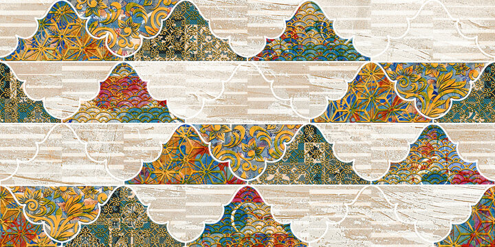 Colorful geometric ceramic wall tile background with ornate oriental floral patterns and vintage textures