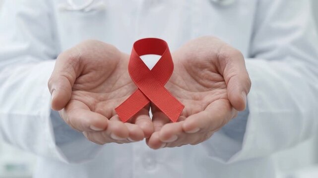 Healthcare worker showing red ribbon symbol HIV AIDS in cupped open hands